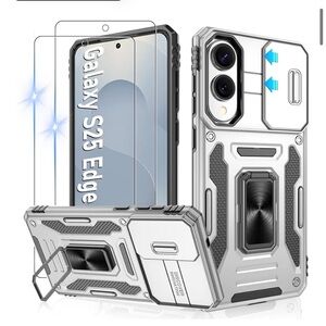 Samsung Galaxy S25 Edge Silver Rugged Protective Case with Kickstand Platinum